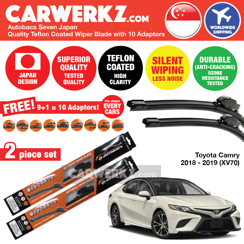 Autobacs Seven Japan Teflon Coated Flex Aerodynamic Wiper Blade with 10 Adaptors for Toyota Camry 2018-2018 8th Generation (XV70) (26 inch + 20 inch) - CarWerkz