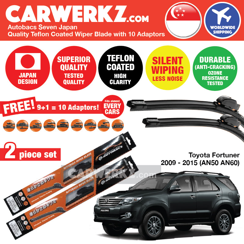 Autobacs Seven Japan Teflon Coated Flex Aerodynamic Wiper Blade with 10 Adaptors for Toyota Fortuner 2009-2015 1st Generation (AN50 AN60) (21 inch + 19 inch) - CarWerkz