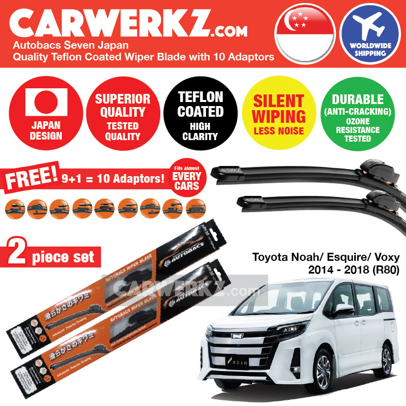 Autobacs Seven Japan Teflon Coated Flex Aerodynamic Wiper Blade with 10 Adaptors for Toyota Noah Voxy Esquire 2014-2019 3rd Generation (R80) (28"+14") - CarWerkz