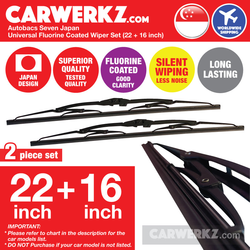 Autobacs Seven Japan Universal Fluorine Coated Wiper Blade with 4 Adaptors 22 inch + 16 inch (Pair Set) - CarWerkz